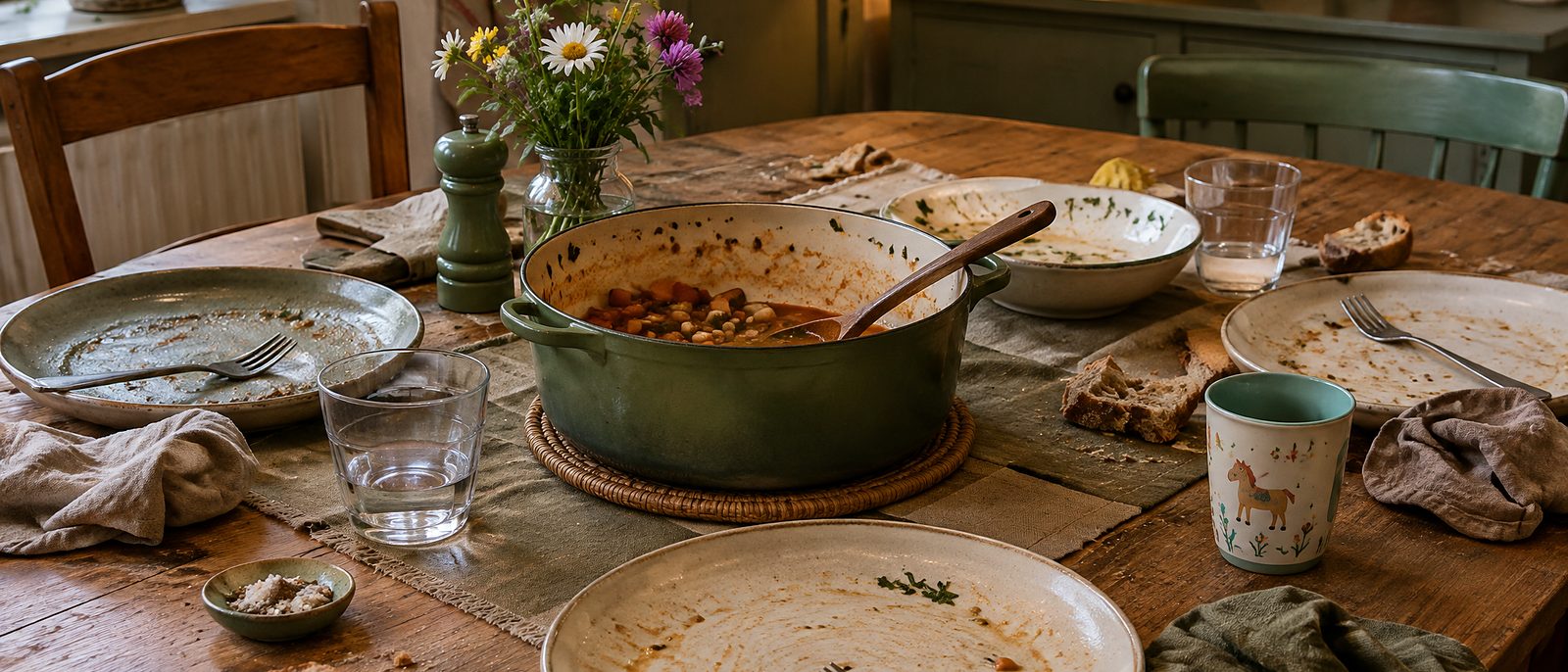Empty plates and a nearly finished pot of stew on a family table after dinner