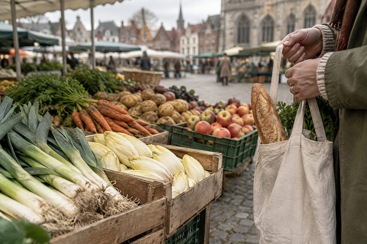 A Saturday vegetable market in a Belgian town square, with leeks, endives and apples