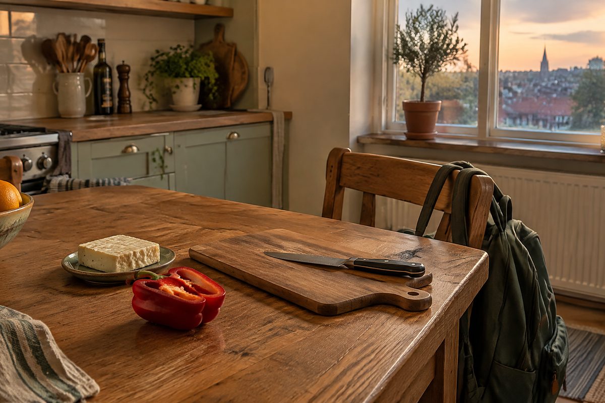 A family kitchen at 18:00 on a Tuesday: half a red pepper and a block of halloumi on the counter, a school bag on a chair