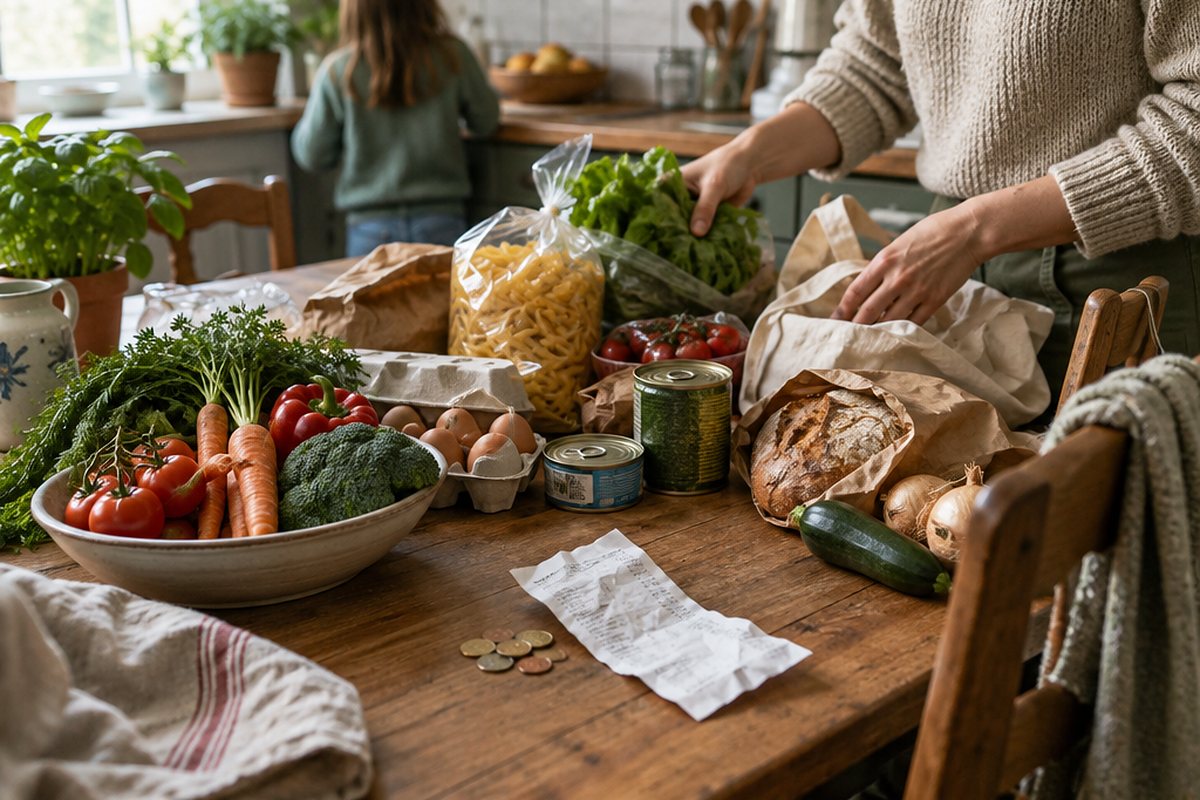 A family packing a lunch box of sandwiches, fruit and crackers at a kitchen counter