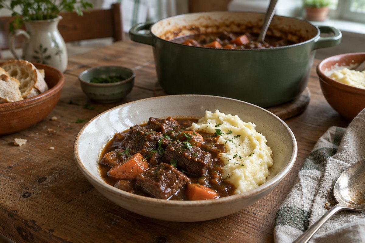 A slow-cooked beef stew with mashed potatoes, served family-style from the pot