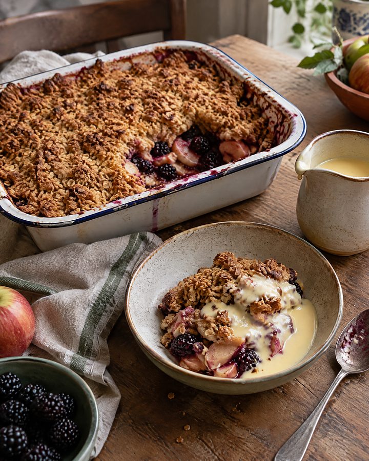 Apple and blackberry crumble with vanilla custard