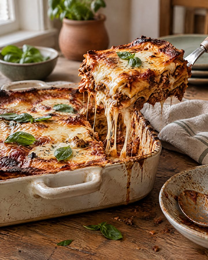 A slice of homemade beef lasagne lifted from the dish with melted cheese