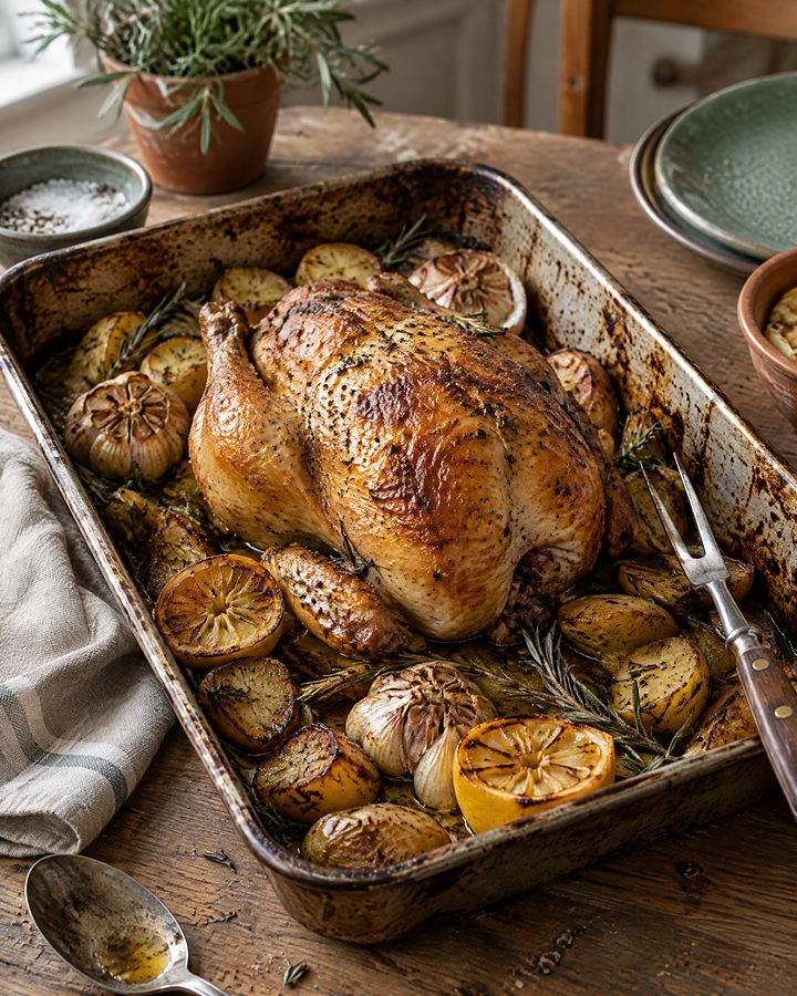 Golden roast chicken with rosemary potatoes and roasted lemons in a roasting tin