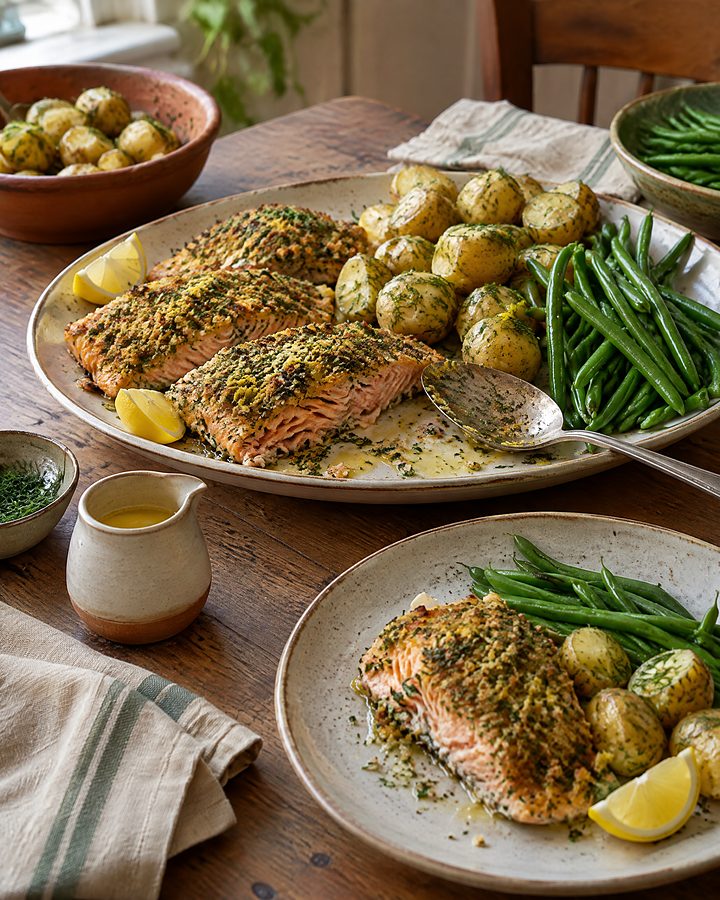 Herb-crusted salmon with dill new potatoes and green beans