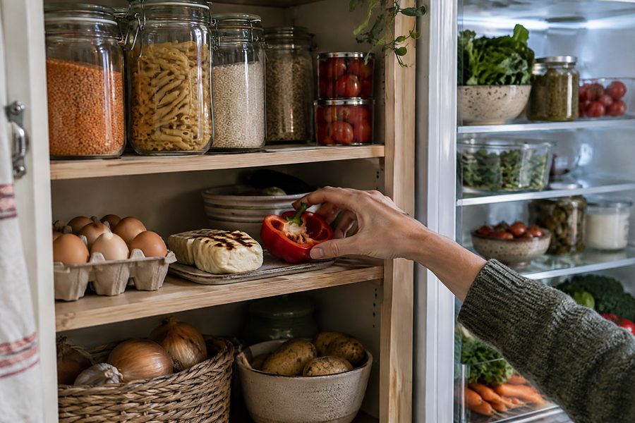 A kitchen shelf with jars of lentils and pasta, eggs, halloumi and half a red pepper being picked up