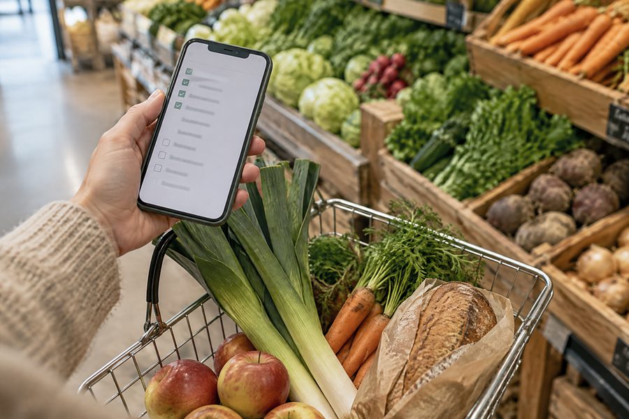 A shopping list on a phone above a basket of leeks, apples and bread in the vegetable aisle
