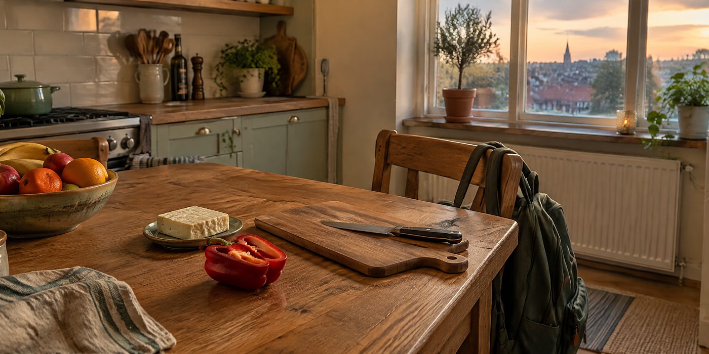 A family kitchen at 18:00: half a red pepper and a block of halloumi on the counter, a school bag on a chair